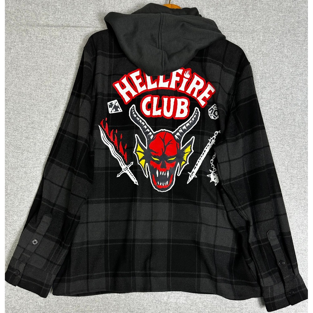 Stranger Things Hellfire Club Flannel Full Zip Hoodie Jacket XL Black Grey Plaid